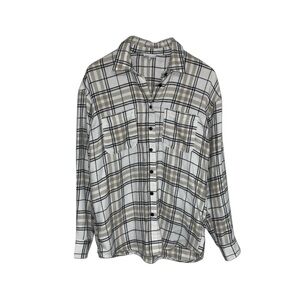 Defrost Plaid Flannel Shirt Women’s Medium White Tan Black Button-Up Long Sleeve